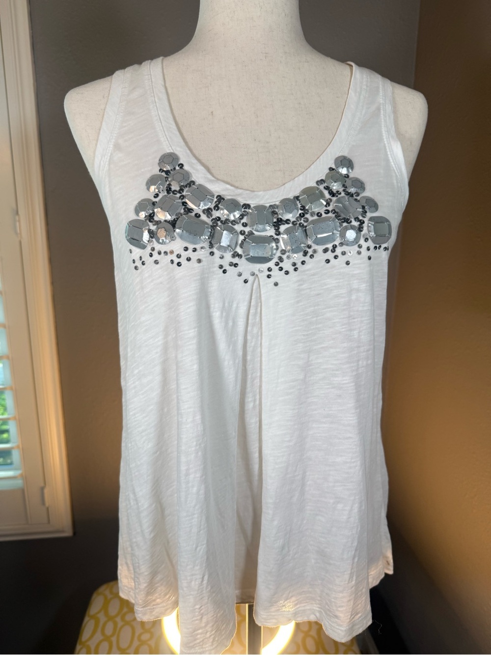 Rebecca Taylor White Tank with Silver Gem Embellishments